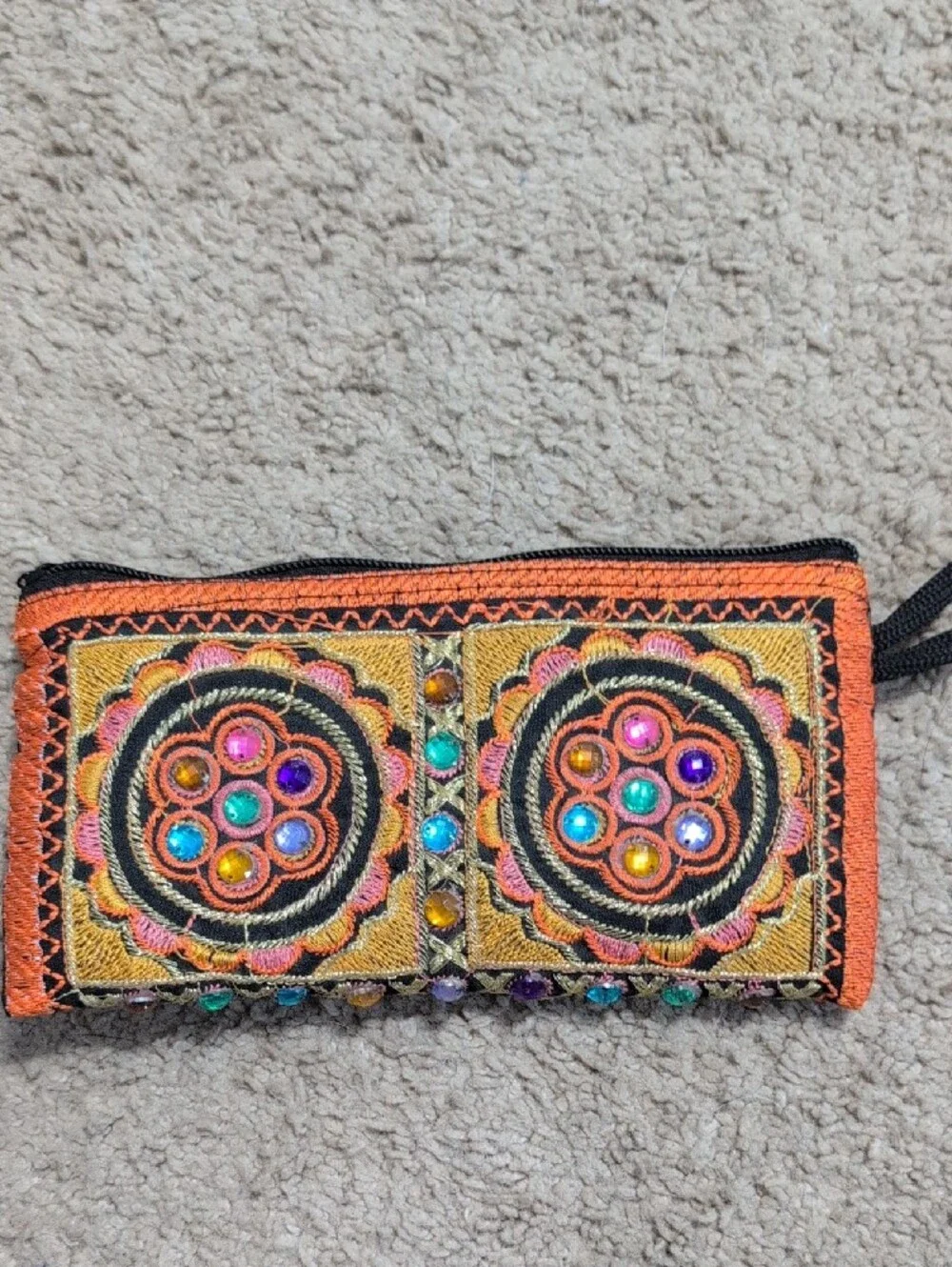 Embroidered Orange Beaded Wristlet Bag